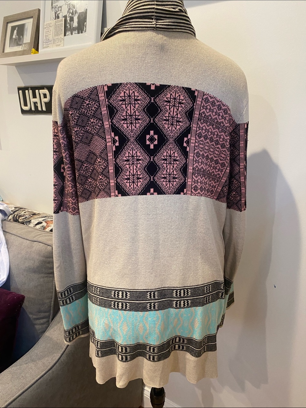 Anthropologie Neutral, Teal & Dusty Rose Patterned Open-Front Cardigan - Picture 4 of 4